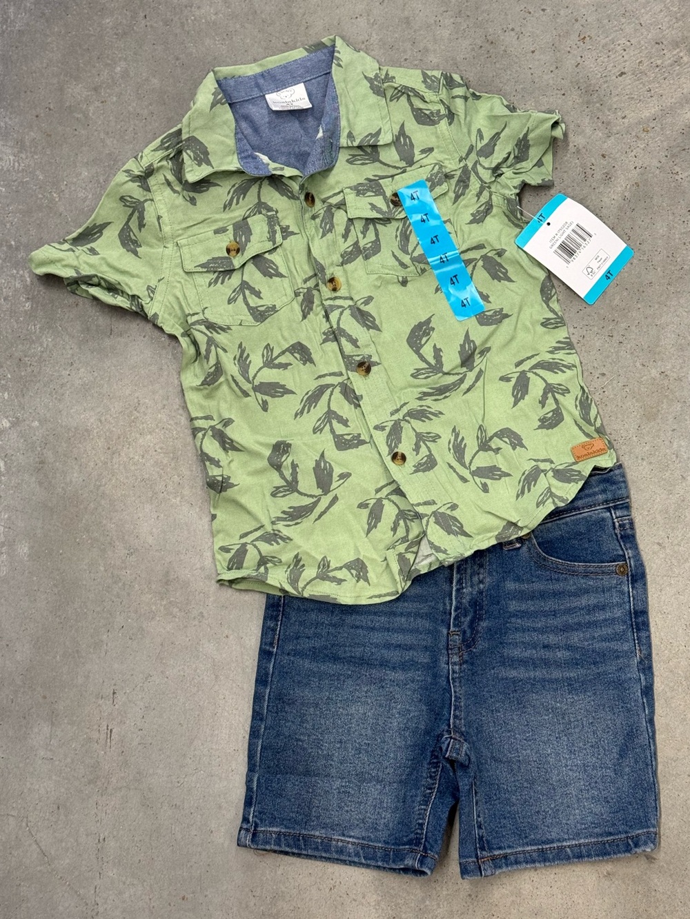Koala Kids Boys 4T Green Button-Up Shirt & Denim Shorts Set NWT